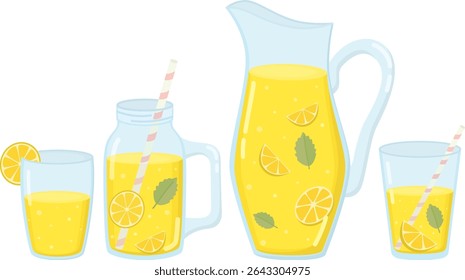 Set with pitcher, glass, jar of lemonade. Summer refreshing drink with lemon and mint.