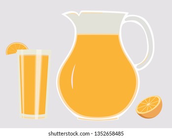 Set of pitcher and glass with refreshing orange juice and slice of orange