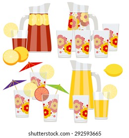 A set of pitcher of lemonade and glasses.