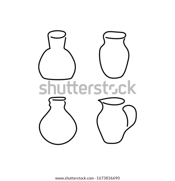 手描きのアイコン ピッチャーのセット デザイン用の1行のアート ロゴ 陶器 ガラス器 花瓶 家庭用具 白い背景に輪郭の白黒の簡単なイラスト のベクター画像素材 ロイヤリティフリー
