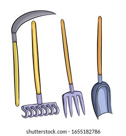 set pitchfork, rake, shovel, scythe for cleaning the garden  vector illustration