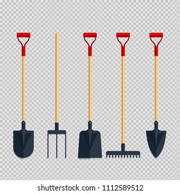 Set pitchfork shovel spade rake flat tool icon logo vector illustration. Farming equipment. Garden instruments on transparent background.