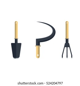 Set pitchfork shovel spade rake flat tool icon logo vector illustration. Farming equipment. Garden instruments isolated on white background.
