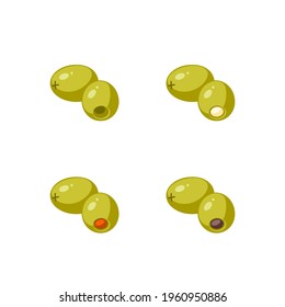 Set of pitted and filled green olives. Vector illustration of cartoon flat icon collection isolated on white background.