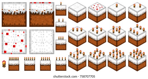 set of pixel of the 2D and 3D cakes with a different number of candles on a birthday