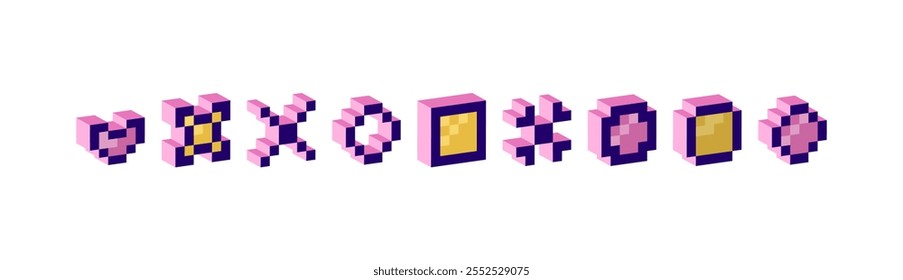 Set of pixel 3D elements.Modern trendy Y2K design , geometric three-dimensional figures and shapes. Pixel art.