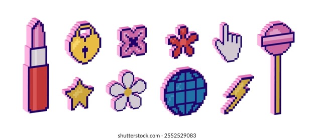 Conjunto de Elementos 3D de píxeles. Diseño moderno Y2K de moda, figuras geométricas tridimensionales y Formas. Pixel art. decoraciones retro lápiz labial, piruleta, estrella, flor, cerradura, relámpago y otros.