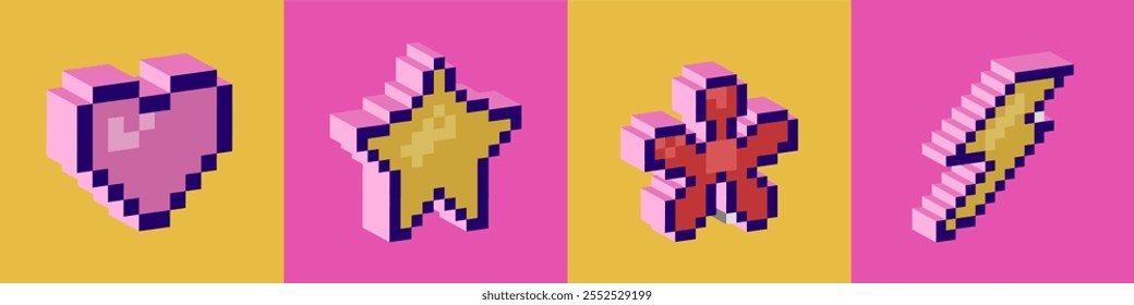 Conjunto de elementos pixel 3D. Moderno design Y2K moderno, figuras geométricas tridimensionais e formas. Coração, estrela, flor e raio. Pixel art.