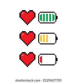 Set Of Pixel 8 Bit Heart And Battery Vector Design.