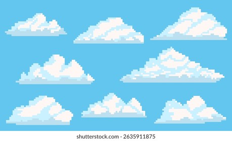 Conjunto de pixel 8-bit formas diferentes nuvens no estilo de jogo retro. Ilustração de nuvem fofa