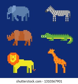 Set of pixel animals icons. Zoo or wild fauna of Africa (lion, crocodile, elephant, etc.) in 8 bit game retro style. Color vector illustration