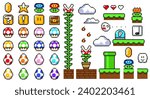 Set of pixel arcade game elements. Retro 8 bit icons for old school platformer video game. Flowers, gold coins, mushrooms, chest and heart. Cartoon flat vector collection isolated on white background