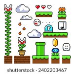 Set of pixel arcade game elements. Old school icons with dangerous flowers, health hearts, enemies and gold coins. 8 bit ui for video games. Cartoon flat vector collection isolated on white background