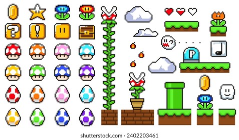 Set of pixel arcade game elements. Retro 8 bit icons for old school platformer video game. Flowers, gold coins, mushrooms, chest and heart. Cartoon flat vector collection isolated on white background