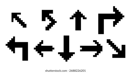 Conjunto de iconos de flecha de píxeles. Una colección de flechas negras que apuntan en diferentes direcciones en estilo pixel art. Ilustración vectorial aislada sobre un fondo blanco.