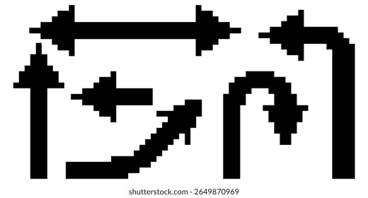 Set pixel arrow vector, a collection of retro-style directional indicators. Ideal for gaming interfaces, navigation, or nostalgic designs needing clear, pixelated pointers.