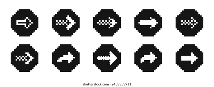 Set of pixel arrows. Arrow pixel art. 8 Bit pixel arrows. Pixel arrows. 8 bit arrows vector illustration.