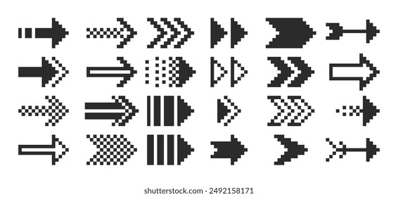 A set of pixel arrows, a double arrow, a mouse pointer. 8-bit pointers for game assets. Vector illustration.