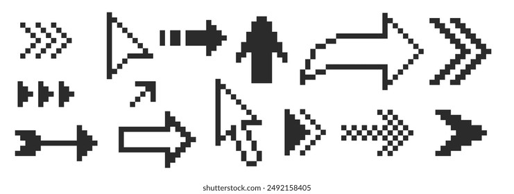 A set of pixel arrows, a double arrow, a mouse pointer. 8-bit pointers for game assets. Vector illustration.
