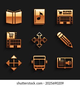 Establezca las flechas de Pixel en cuatro direcciones, Bus, Audio book, Pencil, Mall o supermarket building, Supermarket e icono Open. Vector