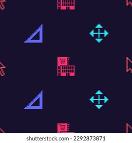 Set Pixel arrows in four directions, Triangular ruler, Mall or supermarket building and cursor on seamless pattern. Vector