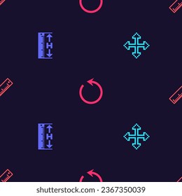 Set Pixel arrows in four directions, Measuring height and length, Refresh and Ruler on seamless pattern. Vector