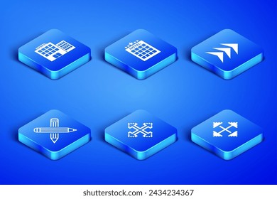 Set Pixel arrows in four directions, Hotel building, Crossed pencil,  and Arrow icon. Vector