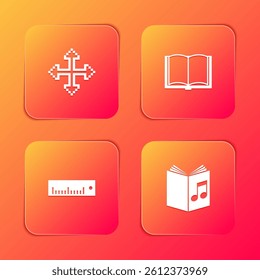 Set Pixel arrows in four directions, Open book, Ruler and Audio icon. Vector