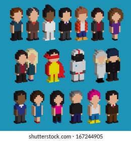 Set Of Pixel Art 3d People Icons, Vector Illustration