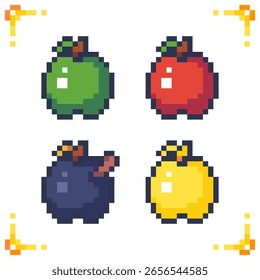 Satz von Apfelsymbolen für Pixelkunst. Rote, grüne, faule und goldene Äpfel. 16x16 Pixel