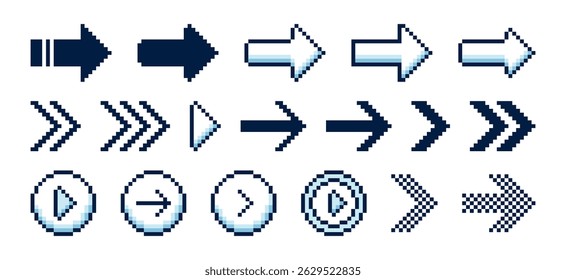 Set of pixel art arrow icons. Pixelated arrows for navigation, interface, or video game design. Vector illustration