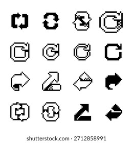 Set of pixel art arrows in retro 8-bit style, including curved arrows, loop arrows, rotation symbols and directional signs for UI elements, apps, games and digital interfaces.