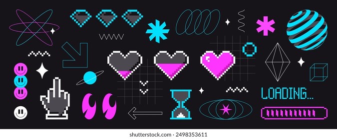 Set of pixel art arrows, smiles, eyes, love hearts, abstract geometric figures in 8bit retro style. Pixelated y2k trendy stickers, simple shapes, rave futuristic cyberpunk elements on black background