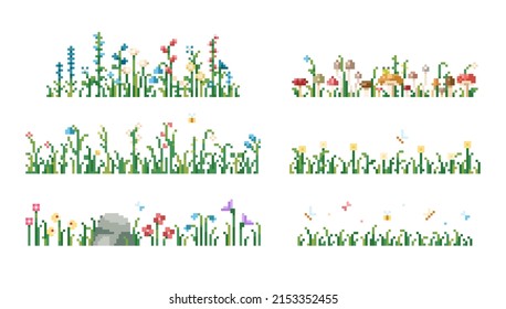 Set Of Pixel Art Backgrounds With Grass, Flowers, Bugs, And Stones. 8 Bit Retro Game Style Vector Texture Collection With Wild And Field Flowers. 