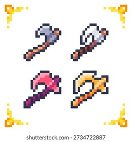 A set of pixel art battle axe icons featuring tiered weapon progression. Ideal for RPG inventory systems, combat mechanics, and equipment upgrades.
