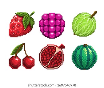 Satz von Pixelkunstbeeren Symbol. 32 x 32 Pixel. Vektorillustration auf weißem Hintergrund.