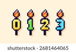A set of pixel art birthday cake candles. Numbers from 0 to 3
