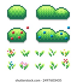 Set of pixel art bushes ang grasses for retro games. Vegetation elements for filling locations and maps of topdown games.