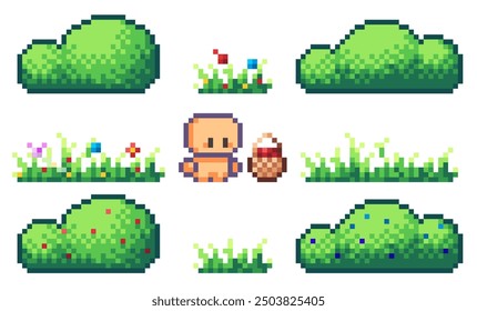 Set von Pixel-Kunstbüschen, Gras und Charakter für Spielobjekte. Props und Sprites der natürlichen Umwelt mit Blumen und Büschen für die Füllung 2d 8bit Orte