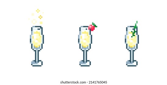 Set of Pixel art Champagne set. Retro 90s gaming 8 bit icon of pixel mosaic glass of Champagne cocktail drink. Vector pixel classic party beverage for game and stickers.