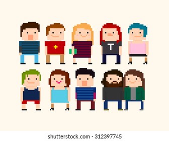 Set of pixel art characters with different guys and ladies