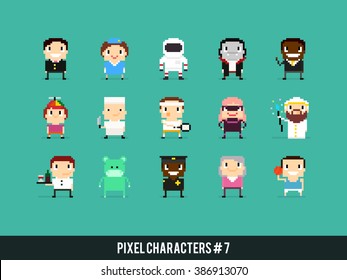 Set of pixel art characters with different gender, skin color, occupation and posture