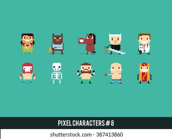 Set of pixel art characters with different gender, skin color and species