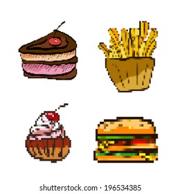 Set of pixel art cheeseburger, fries and cake isolated on white background
