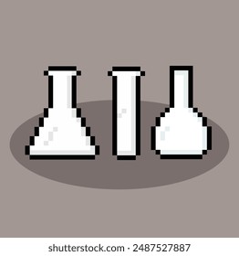 set of pixel art chemistry beaker. Test tube for science vector game 8 bit icon logo.