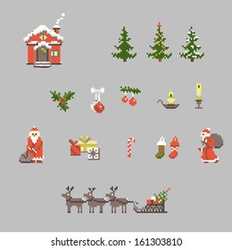 set of pixel art for christmas and new year