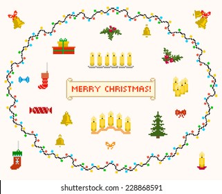 set of pixel art for christmas and new year vector and raster