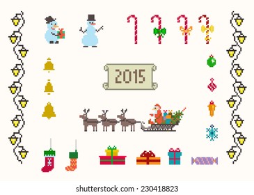 set of pixel art for christmas and new year vector and raster