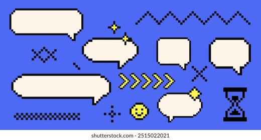 Set of pixel art cloud bubble quote box speech bubble dialog retro 8 bit arcade game interface, manga. Comic chat rectange pixel elements, arrow, star, heart.