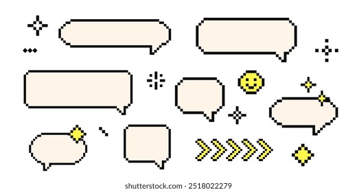 Set of pixel art cloud bubble quote box speech bubble dialog retro 8 bit arcade game interface, manga. Comic chat rectange pixel elements, arrow, star, heart.